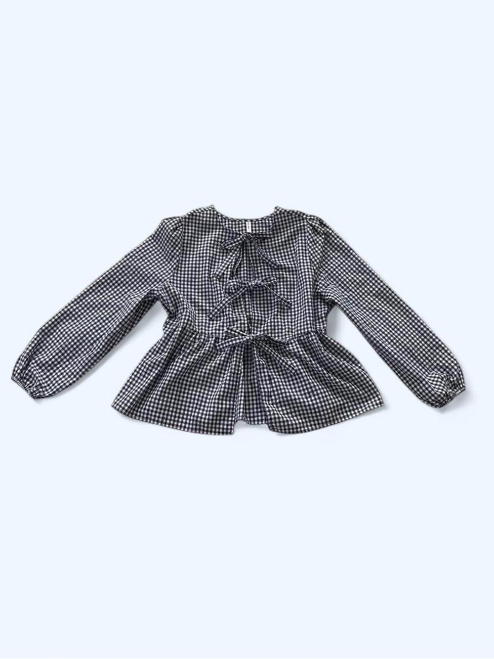 White navy gingham babydoll blouse‎ tie front size L by Casly Laamit
